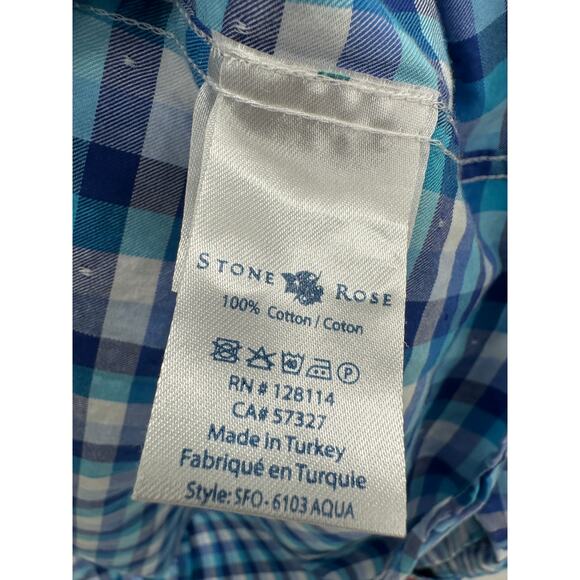Stone Rose Shirt Men 3 Blue Plaid Long Sleeve Collared Button Up 100% Cotton - Picture 7 of 10